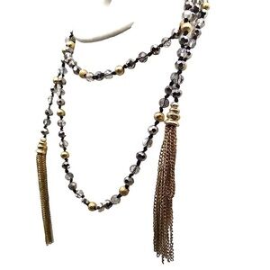 White House Black Market Elegant Gold and Silver Crystal Lariat Tassel Necklace